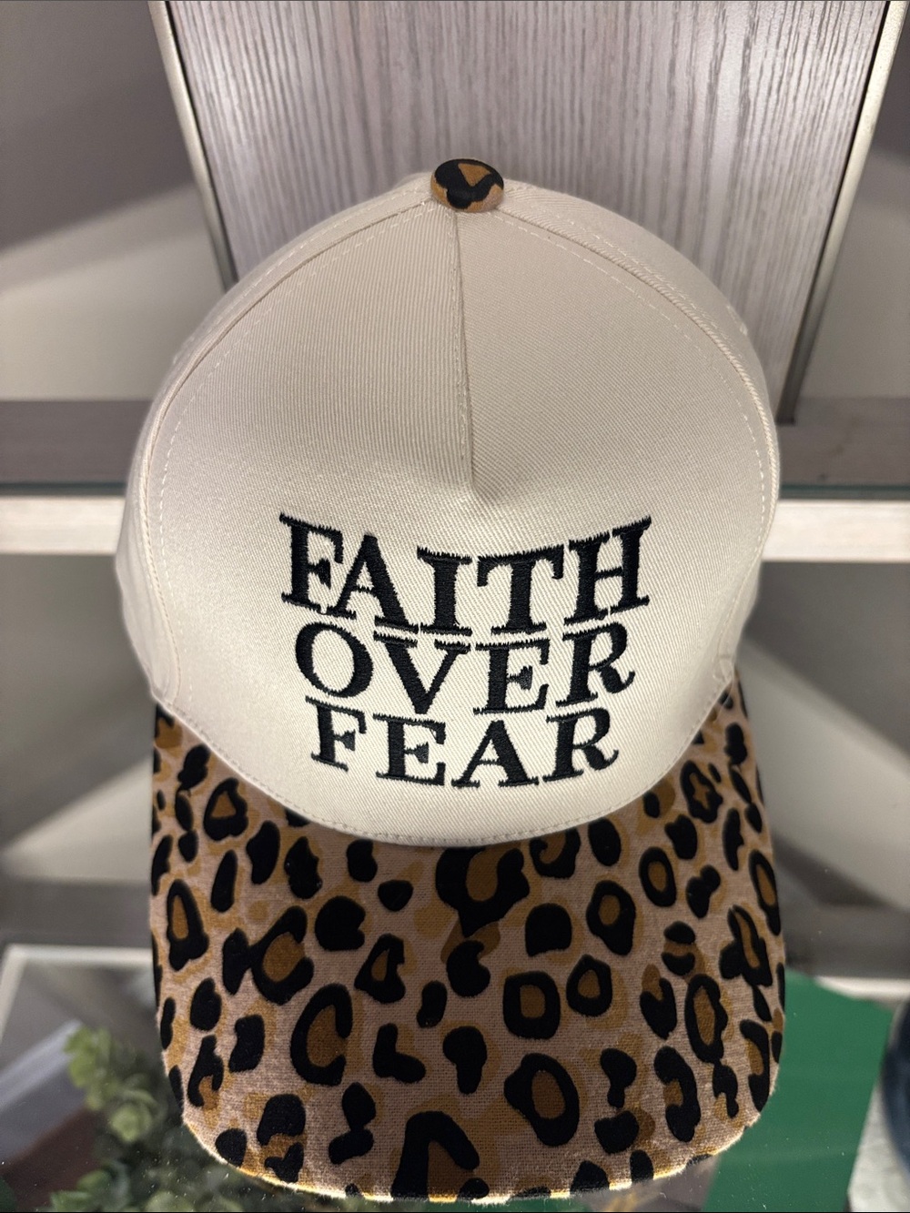 Faith Over Fear Leopard Brim Baseball Cap - Cream & Leopard - Picture 2 of 4